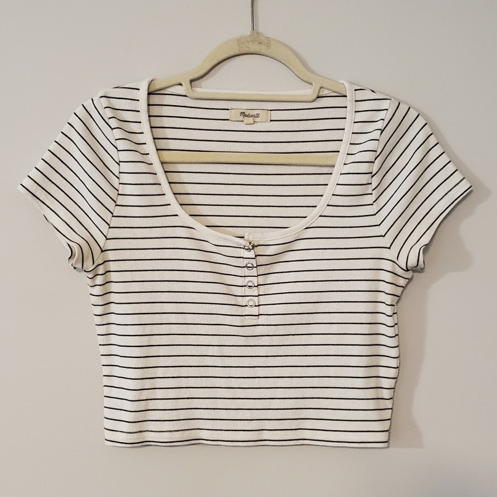 Madewell Ribbed Henley High Crop Tee Top MEDIUM Y2K East Coast Boxy Stripe Scoop